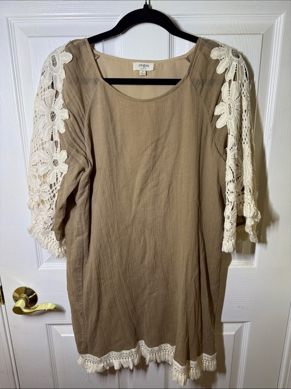 Umgee Taupe Dress with Ivory Crochet Sleeves